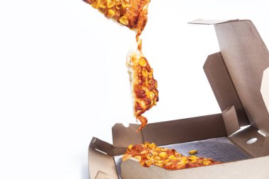 A close-up showcasing a slice of cheesy pizza being lifted from a cardboard box. perfect for food promotion content clipart