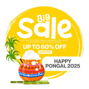Pongal Büyük Satış afişinin% 60 indirimli, festival unsurları içeren temsili temsili sunumu. Pazarlama kampanyaları, festival promosyonları ve festival tasarımları için mükemmel..