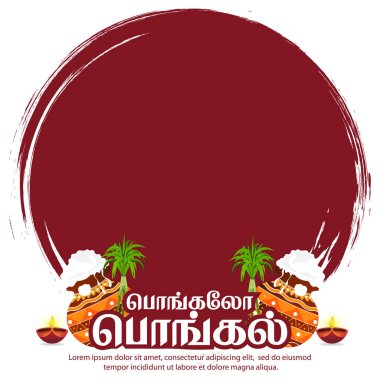 Pongal kutlamaları, bayram afişleri, reklamlar ve sosyal medya promosyonları için mükemmel, toprak kapları, şeker kamışı ve kültürel dekorasyonları ile canlı bir geleneksel Pongal tasarımı..