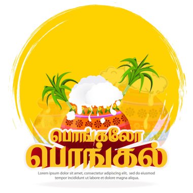 Geleneksel bir kil tenceresi, pirinç, şeker kamışı ve şenlikli süslemelerle dolu bir Pongal kutlamasının temsili sunumu. Tamilce metni (Mutlu Pongal) içerir. Festival promosyonları, tebrik kartları ve kültürel sanat eserleri için mükemmel..
