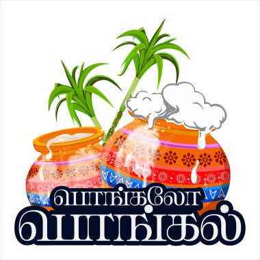 Geleneksel Pongal kutlama vektör illüstrasyonu kil kapları ve şeker kamışı ile, kutlama kartları, kültürel tasarımlar ve hasat festivali dekorasyonları için mükemmel.