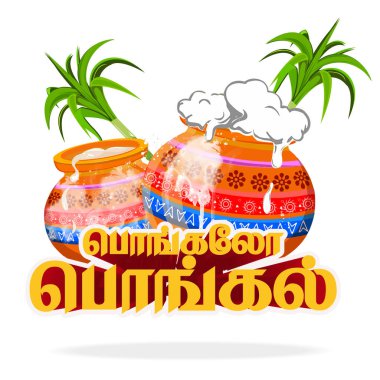 Süslü tencere ve şeker kamışlı geleneksel Pongal kutlama tasarımının vektör çizimleri, tebrik kartları, kültürel tasarımlar ve hasat festivali dekorasyonları için ideal.