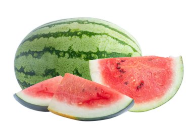 Sulu kırmızı dilimlerle dolu yeşil bir karpuz ferahlatıcı ve sağlıklı meyveyi gösteriyor. Yaz temaları için mükemmel,