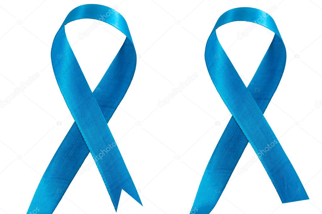 Blue ribbons symbolizing awareness, advocacy, and support for charitable causes, on a white background.