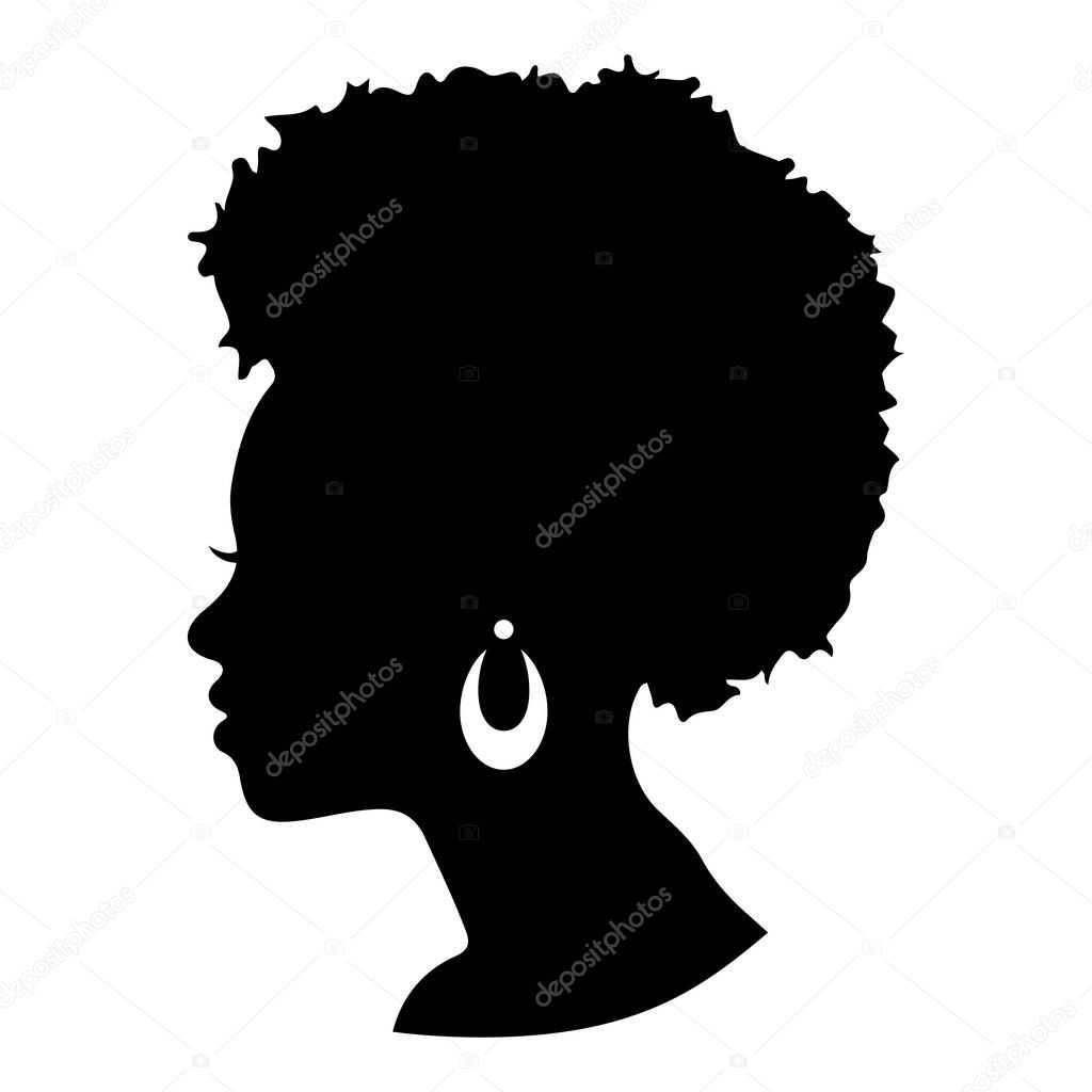 Profile silhouette cameo of a beautiful black woman with an afro and earrings