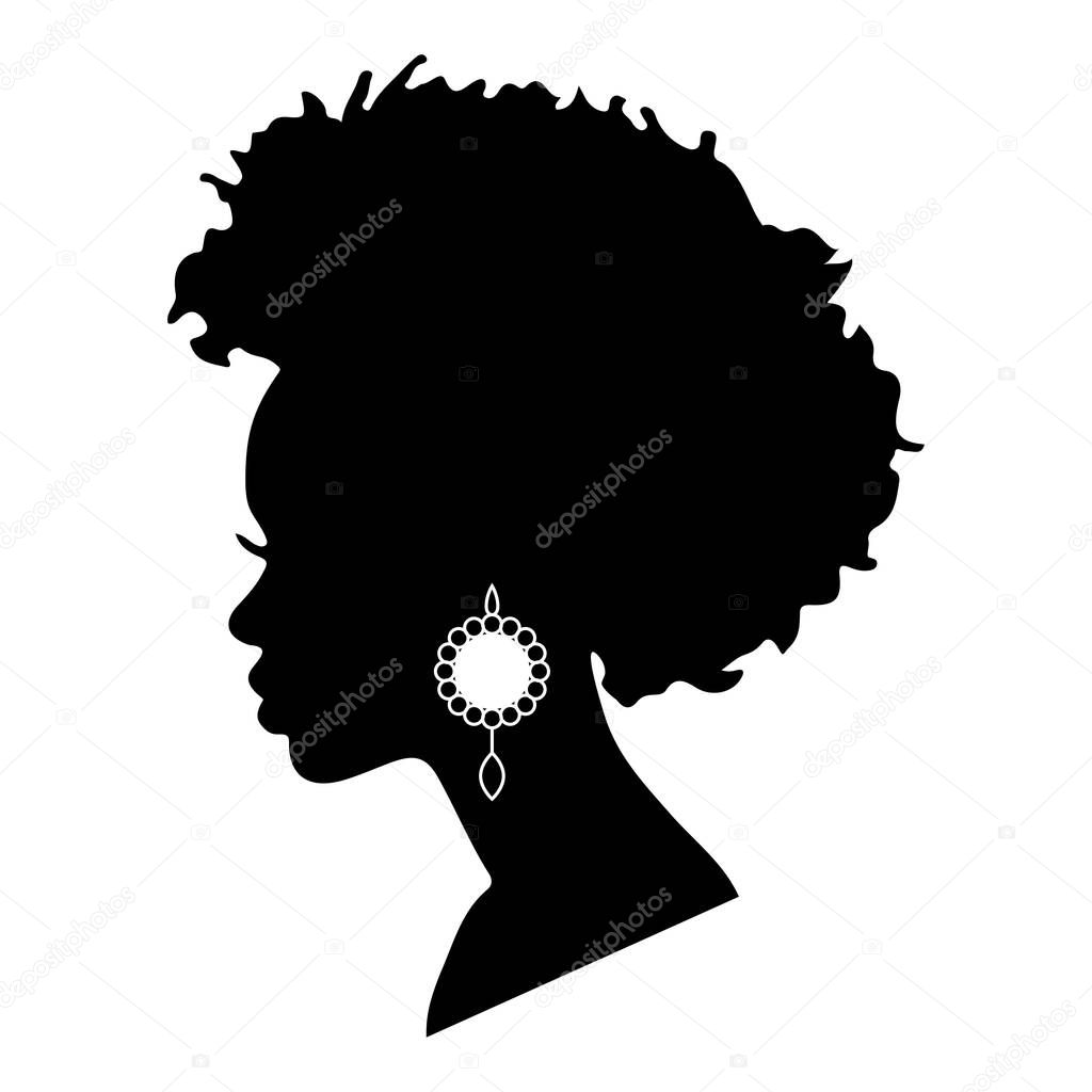 Profile silhouette cameo of a beautiful black woman with an afro and earrings