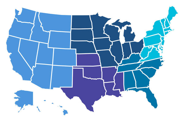 Blue map of the United States of America separated by regions in vector format