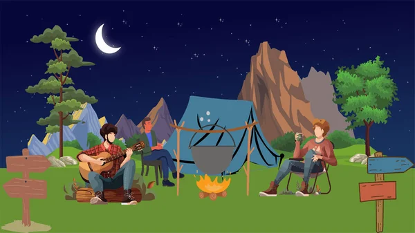 Helg Campfire Med Vänner Berget — Stockfoto