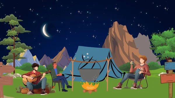 Helg Campfire Med Vänner Berget — Stockfoto
