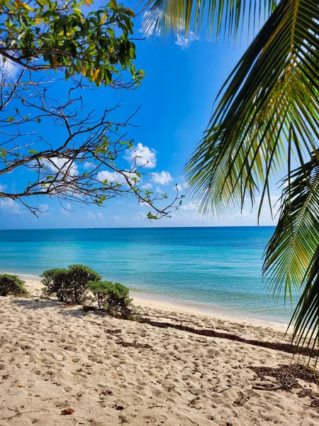 Widok Piaszczystą Plażę Wyspie Błękitnym Niebem Białymi Chmurami — Zdjęcie stockowe