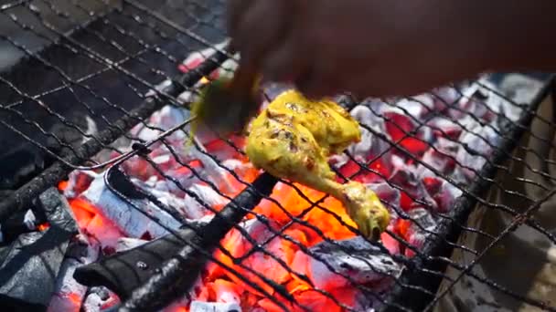 烤鸡腿在燃烧的烤架上 — 图库视频影像
