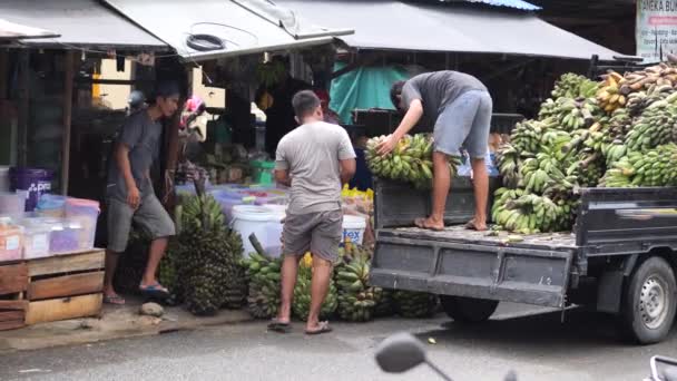 Tarakan Indonesia 10052022 Selective Focus Men Unload Car Green Unripe — Stock Video