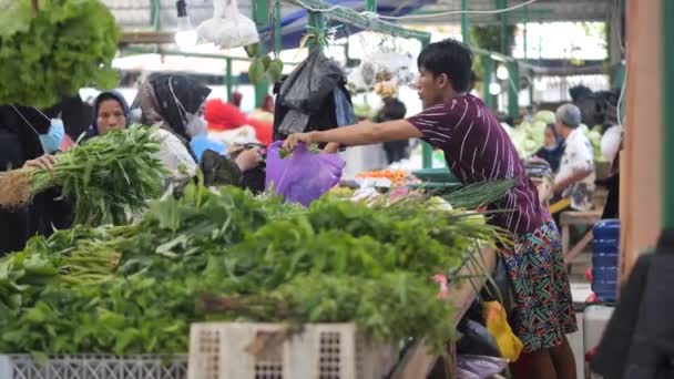 Tarakan Indonésie 2022 Vendeur Légumes Indonésien Servant Bavardant Avec Client — Video