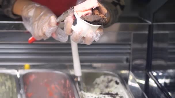Female Hand Scoop Takes Ice Cream Fridge Serving Cup Woman — Stock Video