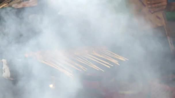 伝統的な炭火焼で鶏のサテ 煙と食欲をそそります グリルでサテを調理する手 — ストック動画