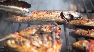 Balık pişirirken yakın çekim. Izgarada marine edilmiş balık pişirme ve kızartma. Kömürün üzerinde ızgara yapılmış deniz balığı. Ikan bakar. Seçici odak.