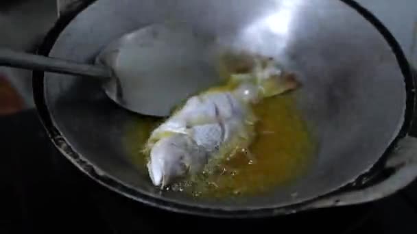Nahaufnahme Vom Kochen Von Süßwasserfischen Heißem Gebratener Fisch Mit Heißem — Stockvideo