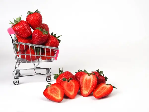 Strawberries Shopping Cart Isolated White Background Buying Fruit Supermarket — Stock Photo, Image