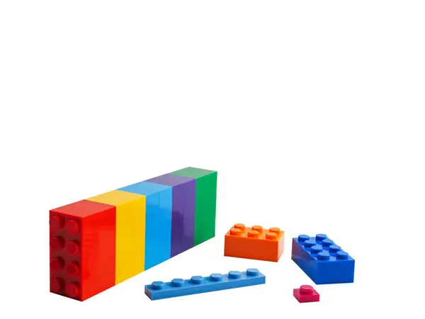 stock image Colorful Plastic toy blocks isolated on white background.