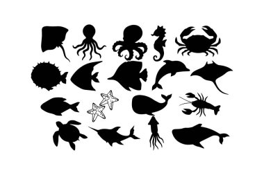 Silhouettes of Diverse Marine Life Creatures. Vector icon. clipart