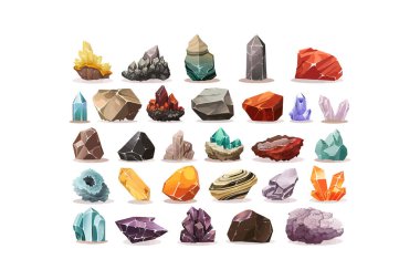 Çeşitli Kristaller ve Mineraller Koleksiyonu. Vektör illüstrasyon tasarımı.
