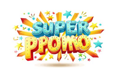 Yıldızlar ve Konfeti ile renkli Süper Promo. Vektör illüstrasyon tasarımı.