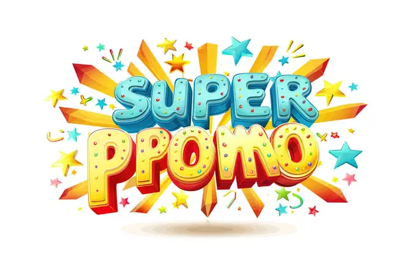 Yıldızlar ve Konfeti ile renkli Süper Promo. Vektör illüstrasyon tasarımı.