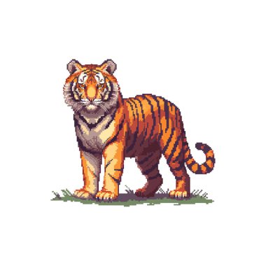 Pixel Art Tiger Standing on Grass. Vector illustration design. clipart