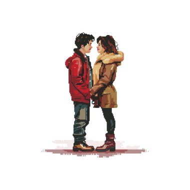 Pixel sanat çifti kışın el ele tutuşuyor. Vektör simgesi tasarımı.