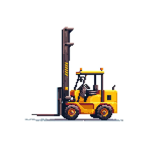 stock vector Pixel art yellow forklift in side view. Vector icon design.