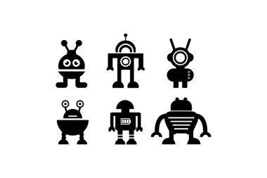 Çizgi film robotu ve uzaylı seti. Vektör simgesi tasarımı.