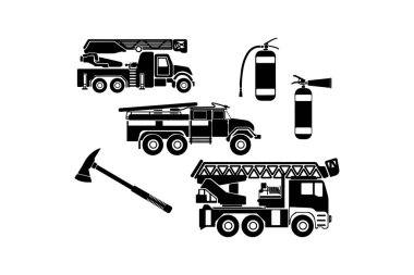 İtfaiye araçları ve itfaiye malzemeleri çizimi. Vektör simgesi tasarımı.