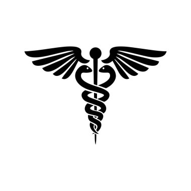 Yılanlar ve Kanatlar siluetiyle Caduceus Sembolü. Vektör simgesi tasarımı.