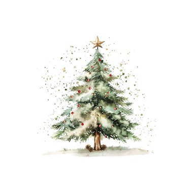 Watercolor Christmas tree with ornaments and star. Vector illustration design. clipart