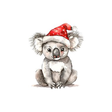Noel için Noel Baba Şapkalı Suluboya Koala. Vektör illüstrasyon tasarımı.