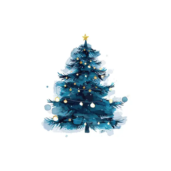 Altın ışıklı ve yıldızlı suluboya Noel ağacı. Vektör illüstrasyon tasarımı.