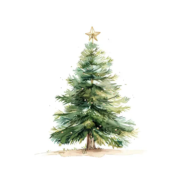 Altın yıldız süslemeli suluboya Noel ağacı. Vektör illüstrasyon tasarımı.