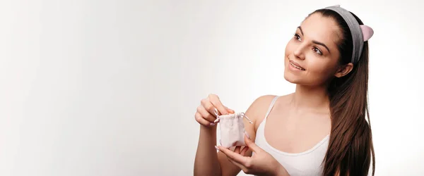 Happy Woman Smiling While Holding Package Capsules Omega Fatty Acids — Stock Photo, Image