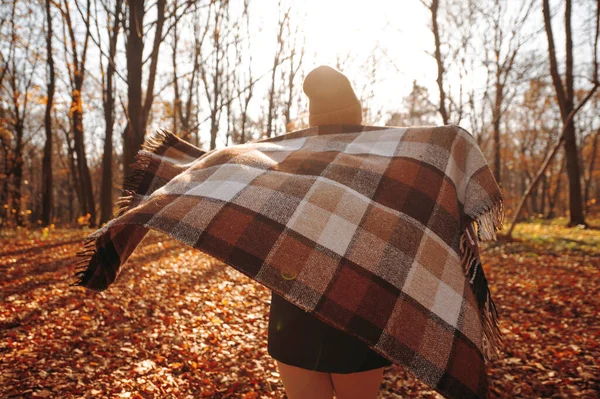 Vista Bak Joven Mujer Caminando Sola Envolviendo Manta Cuadros Bosque — Foto de Stock