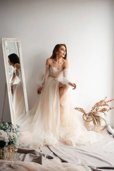 Tender Bride Wedding Dress Colour Champagne Looks Out Window Laughing — Fotografia de Stock