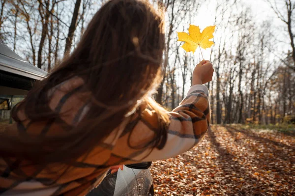 Pohled Zezadu Ženu Jak Dívá Podzimní List Užívá Výlet Autě — Stock fotografie