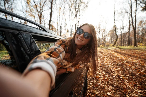 Pov Woman Making Selfie Car Window Autumn Road Trip Autumn — Stock Photo, Image