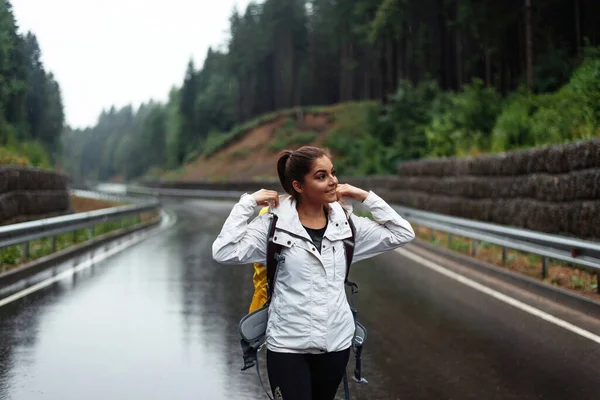 Hiker Young Woman Looking Away While Walking Yellow Backpack Nature — Fotografia de Stock