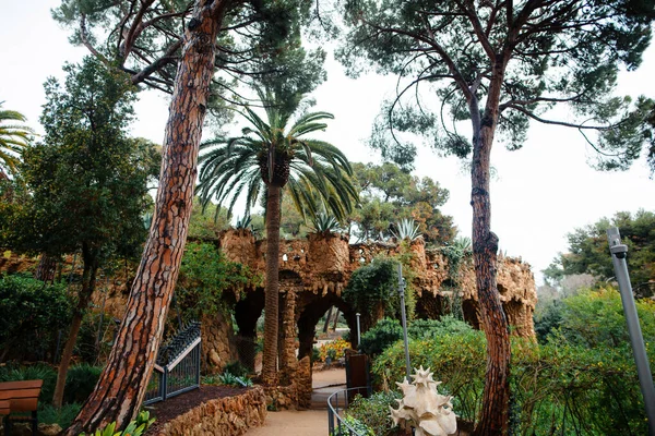 Road Arcade Stone Columns Designed Antoni Gaudi Barcelona Beautiful Natural — Stock Photo, Image