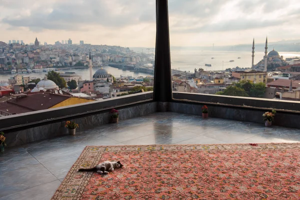 Живописный Вид Босфор Стамбул Утреннее Время Высокой Террасы Панорамными Окнами — стоковое фото
