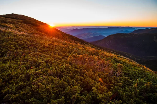 Amazing Natural Background Summer Sunset Nature Mountain Peaks Light Fog — Stock Photo, Image