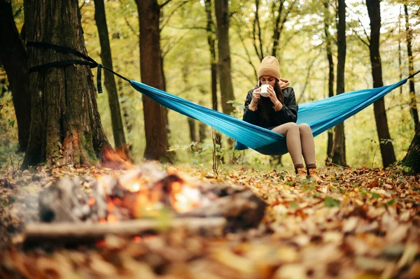 Relaxed Caucasian Woman Sitting Blue Hammock Autumn Forest Warming Hot — Stock Photo, Image