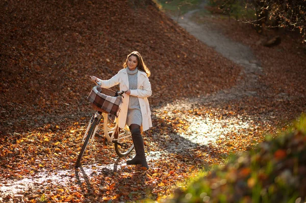 Mulher Bonita Com Bicicleta Andando Pelas Folhas Outono Divertindo Parque — Fotografia de Stock