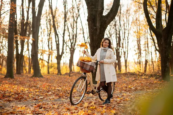 Счастливая Активная Молодая Женщина Гуляющая Винтажном Велосипеде Осеннем Парке Закате — стоковое фото