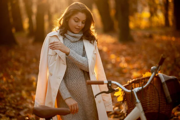 Smyslná Mladá Žena Retro Cyklistické Procházky Podzimním Parku Při Západu — Stock fotografie